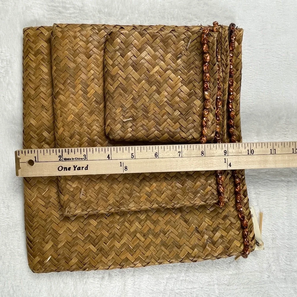 Pier 1 Imports Woven Straw Storage Pouches Set of 3 Brown Beaded Zipper NEW